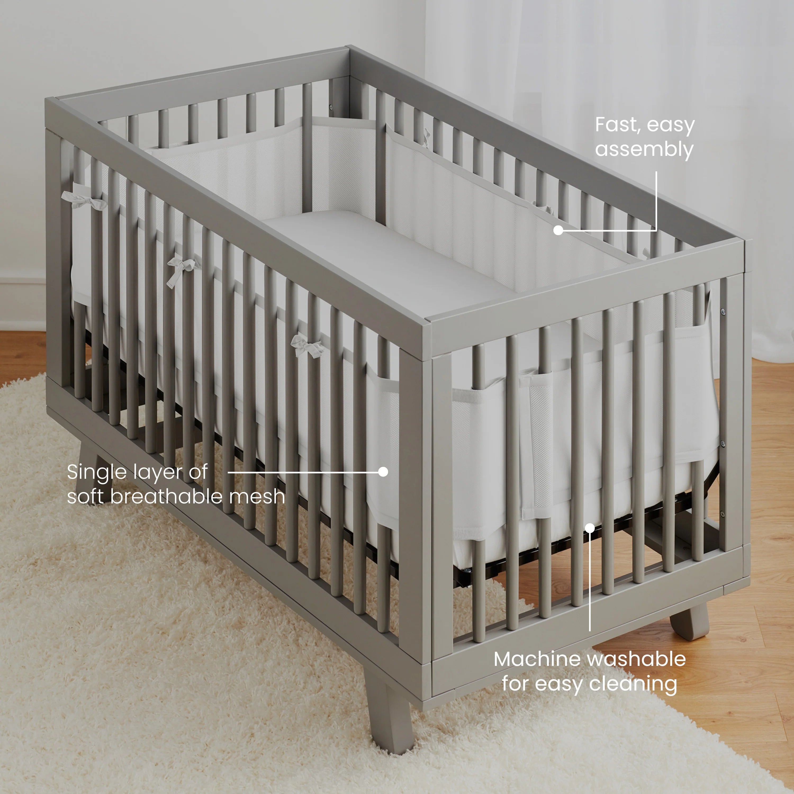 BreathableBaby Breathable Mesh Liner for Full-Size Cribs, Sheer Deluxe 5mm Mesh, Scallops (Size 4FS Covers 3 or 4 Sides)