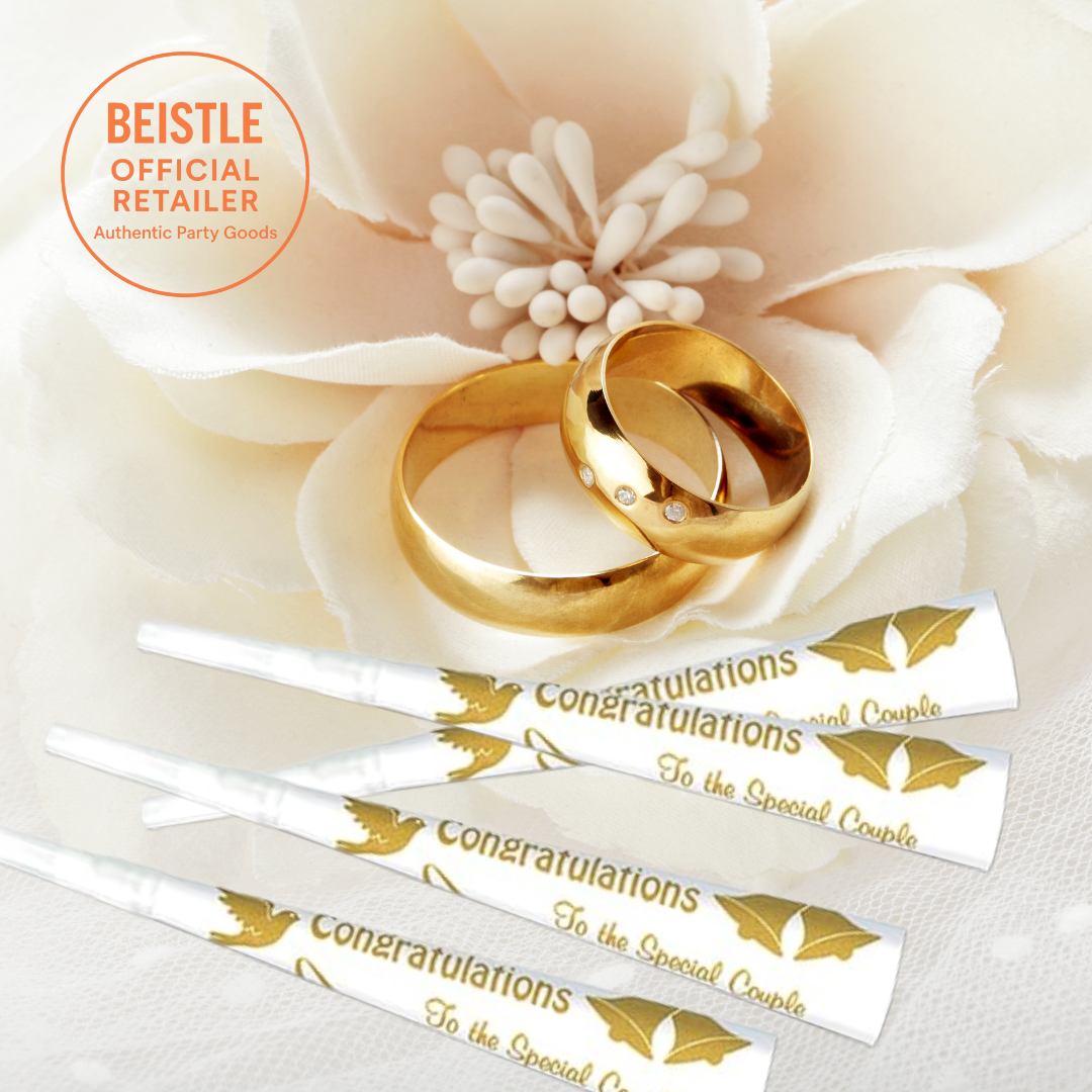 Printed Wedding/Anniversary Trumpets (white w/gold print) Party Accessory (1 count)